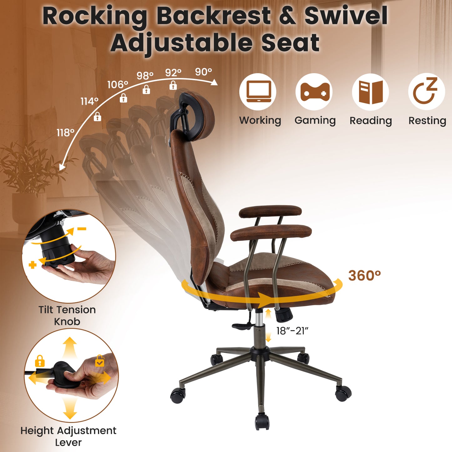 Ergonomic Office Chair Computer Desk Chair with 2D Headrest and Rocking Backrest, Brown Ergonomic Chairs at Gallery Canada