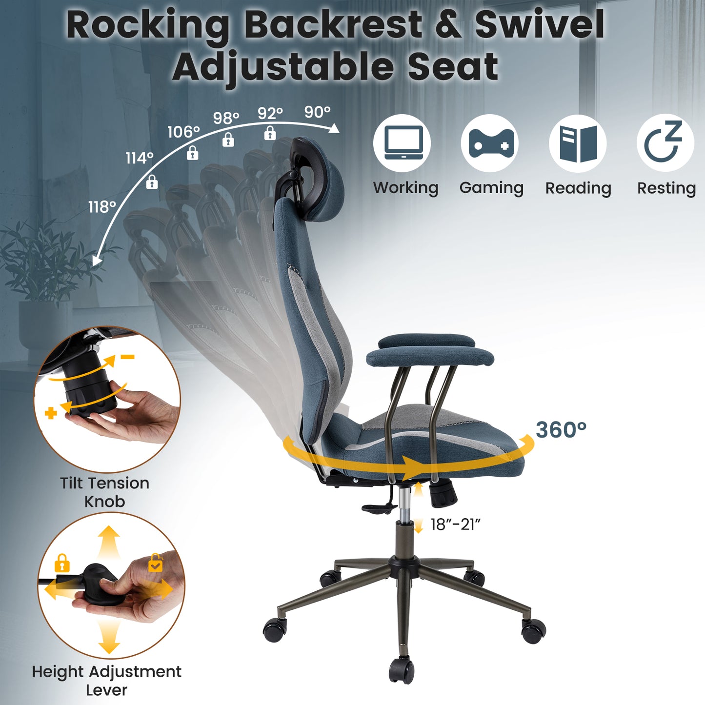 Ergonomic Office Chair Computer Desk Chair with 2D Headrest and Rocking Backrest, Gray Ergonomic Chairs at Gallery Canada