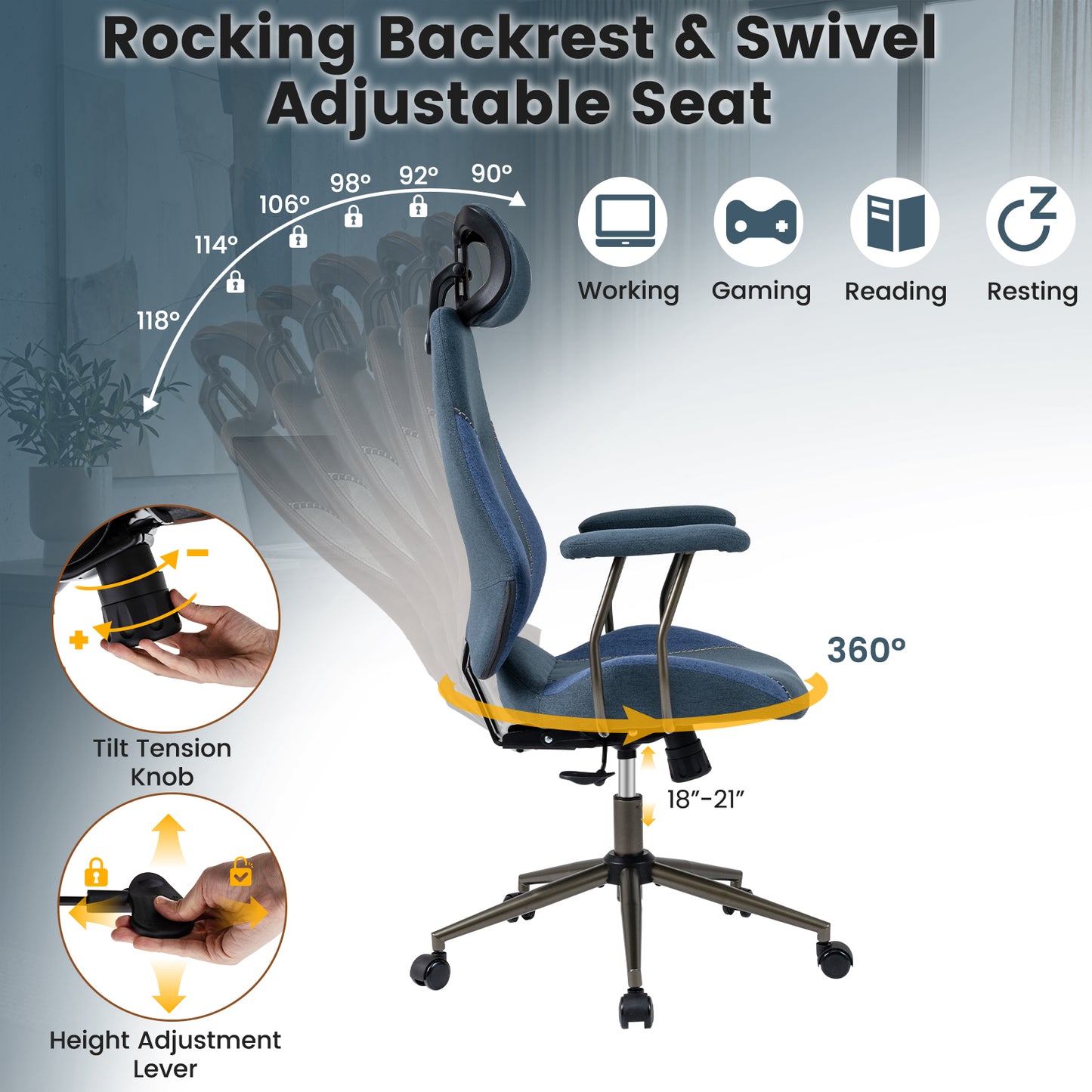Ergonomic Office Chair Computer Desk Chair with 2D Headrest and Rocking Backrest, Navy Ergonomic Chairs at Gallery Canada