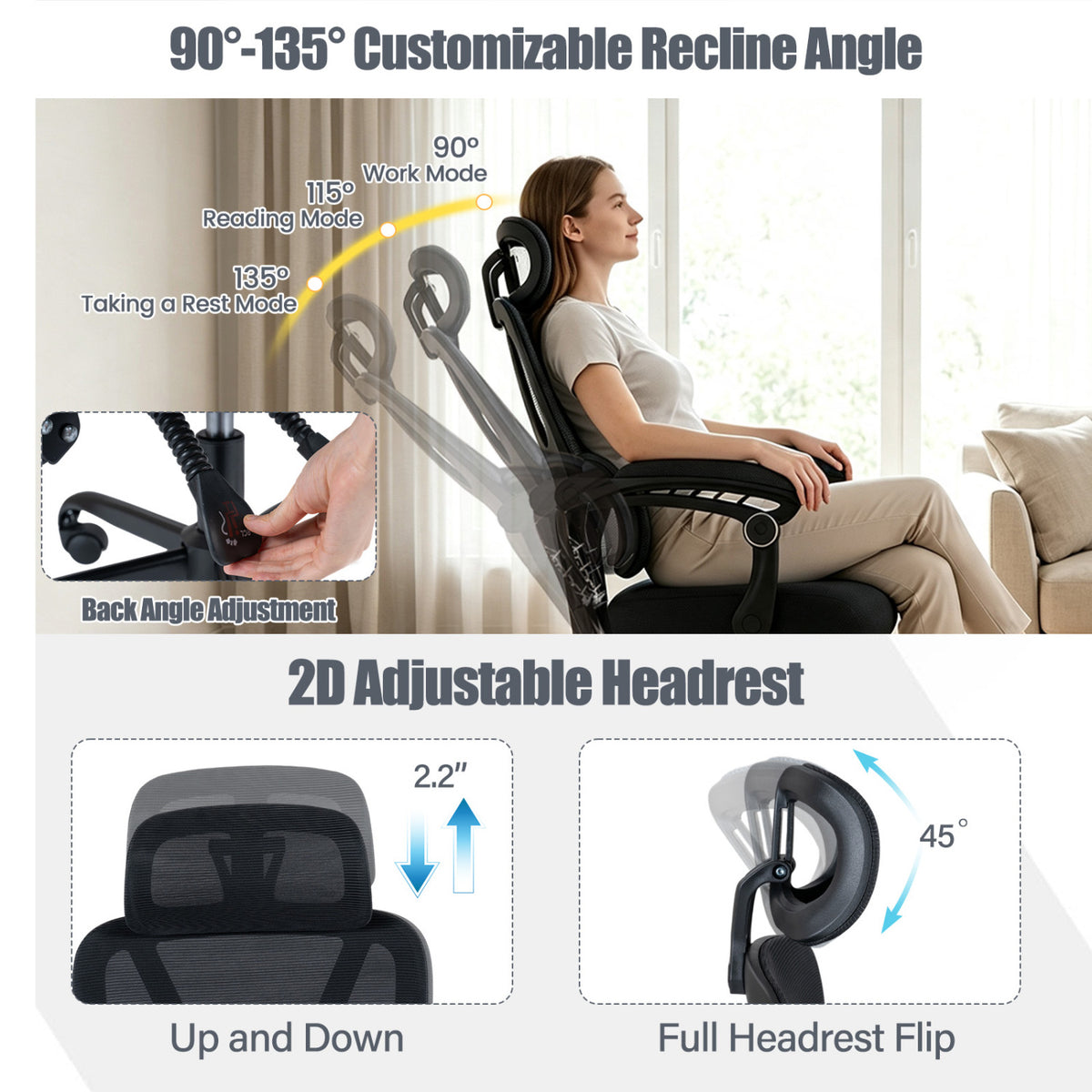 Ergonomic Office Mesh Chair, High Back, Lumbar Support, Headrest, Black Office Chairs at Gallery Canada