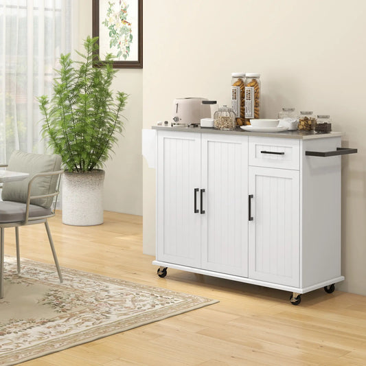 Kitchen Island with Storage, Drawer, 3 Cabinets, White Kitchen Islands & Kitchen Carts White, Black, Silver at Gallery Canada