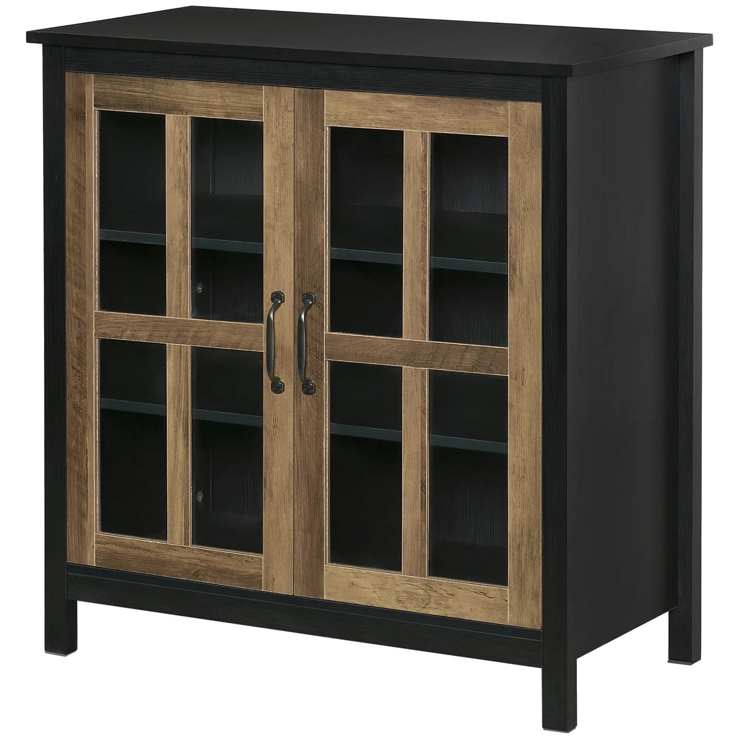 Kitchen Sideboard, Glass Door Buffet Cabinet, 2 Glass Doors, Adjustable Shelf, Black Wood Grain