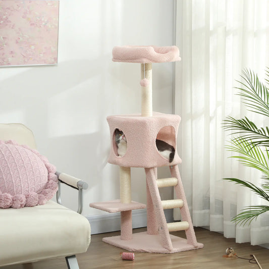 47" Tall Cat Tree Tower, Condo, Ladder, Scratching Posts, Pink Cat Trees Pink(Plush), Beige(Sisal rope) at Gallery Canada