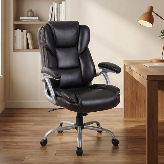 Executive Office Chair Leather Ergonomic Computer Desk Chair with Padded Seat and Armrests, Brown