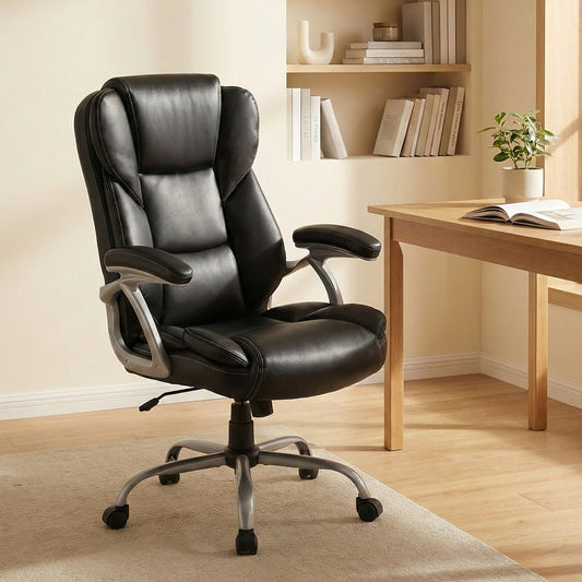 Executive Office Chair Leather Ergonomic Computer Desk Chair with Padded Seat and Armrests, Black