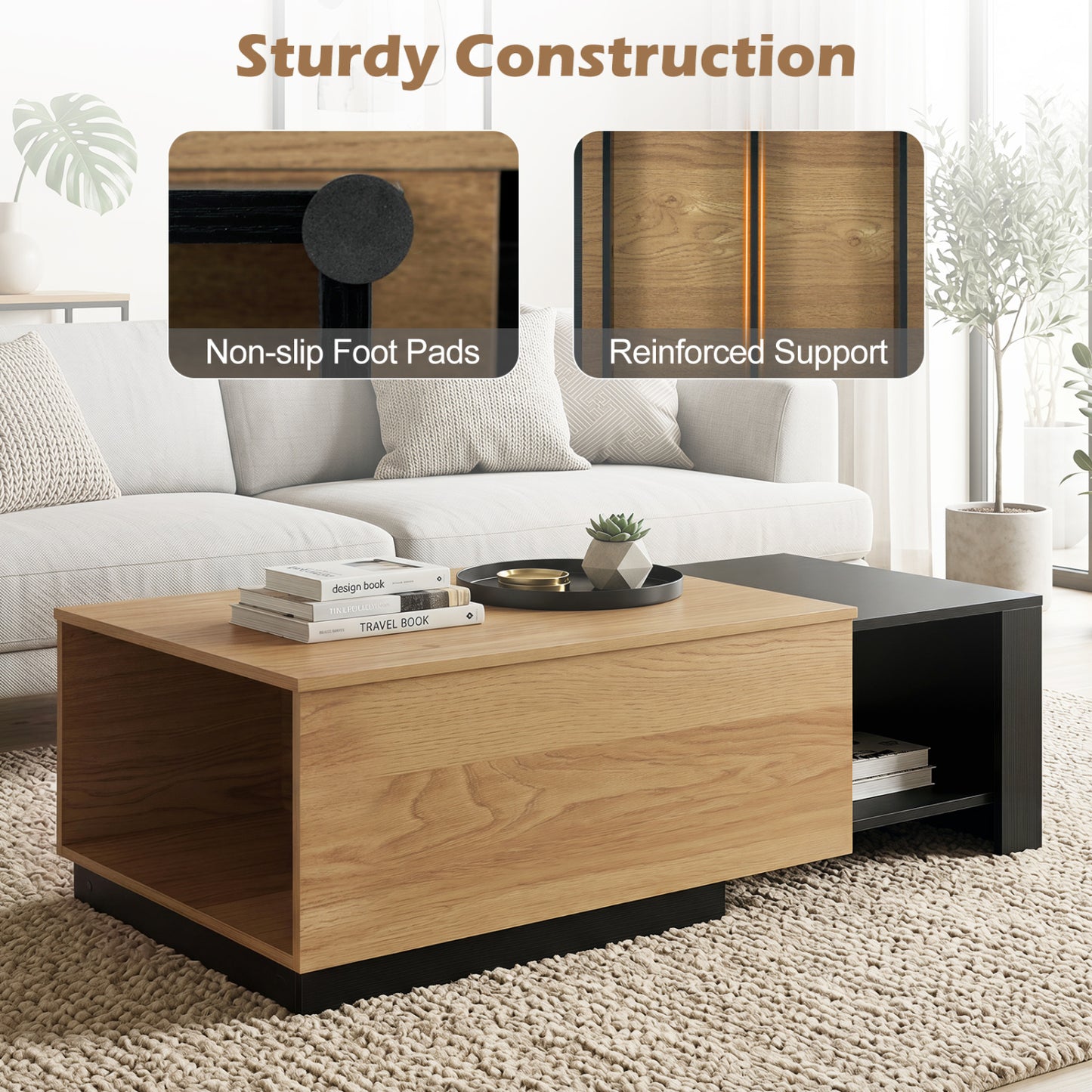 Extendable Coffee Table with Concealed Storage, Natural