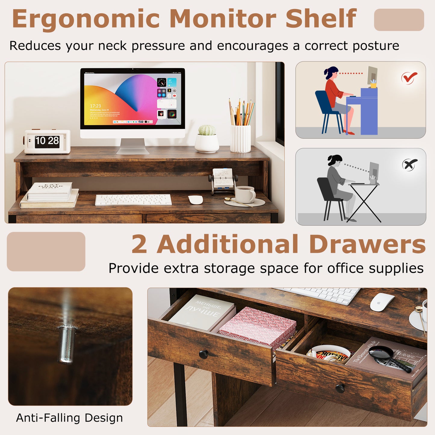 Extendable Computer Desk with 2 Storage Drawers Convertible Home Office Rolling Study Writing Desk, Rustic Brown Office Desks at Gallery Canada