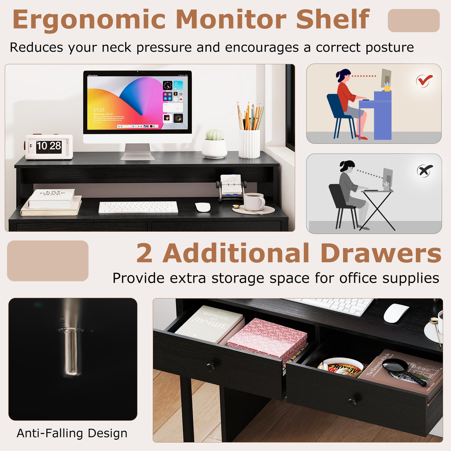 Extendable Computer Desk, 2 Storage Drawers, Rolling Study Writing Desk, Black Office Desks at Gallery Canada