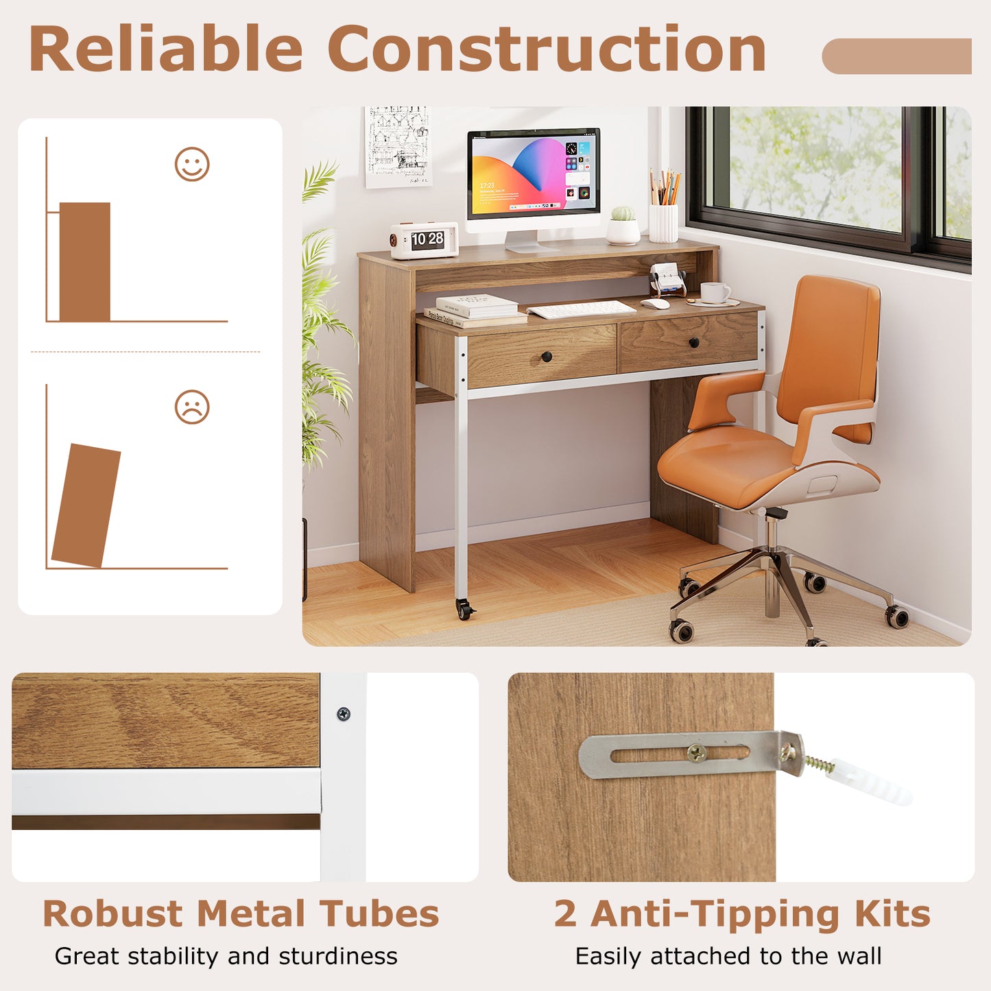 Bureau d'ordinateur extensible, Bureau secondaire escamotable, Naturel
