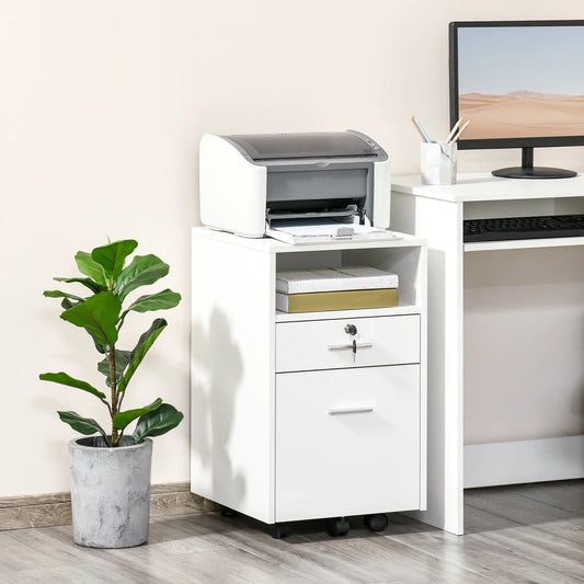 2 tiroirs classeur verrouillable, vertical, roulettes, format A4, format lettre, blanc