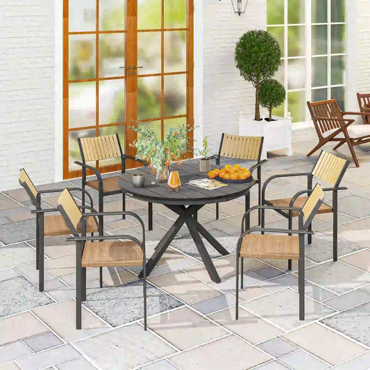 46.5" Round Outdoor Dining Table For 6, Slatted Top, Black Patio Dining Tables Black at Gallery Canada