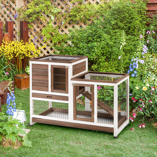 Wooden Rabbit Hutch, Indoor Bunny Cage with Wheels, Pull Out Trays, Brown Rabbit Hutch Brown and White at Gallery Canada