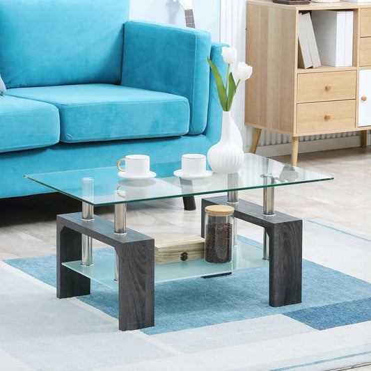 Rectangle Glass Coffee Table, 2-Tier, Tempered Glass Top, Storage Shelf, Grey Coffee Tables Clear Glass, Grey Leg at Gallery Canada