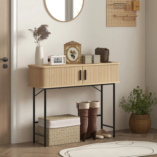 Mid-Century Narrow Console Table, Slatted Tambour Doors, Steel Legs, Oak, Black Console Tables Oak, Black at Gallery Canada