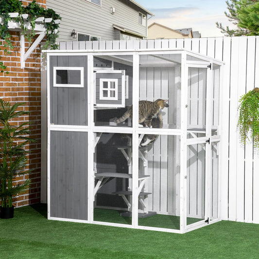 Catio en Bois pour Chat, 66,5"L Maison d'Extérieur pour Chat, Toit en PVC, Plateformes Multiples