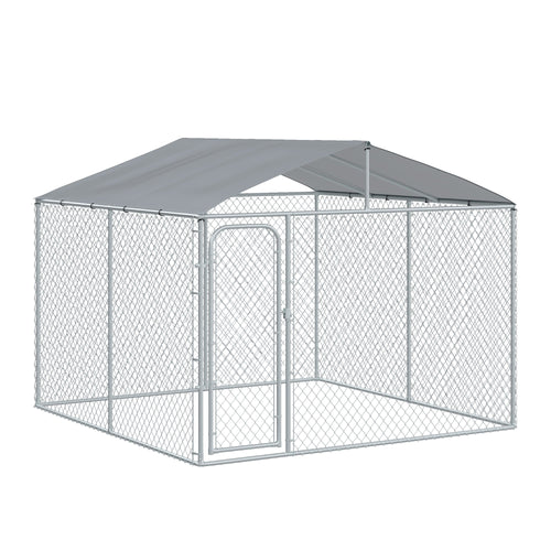 Dog Kennel Outdoor Run Fence with Roof, Steel Lock, Mesh Sidewalls for Backyard &; Patio, 9.8' x 9.8' x 7.7'