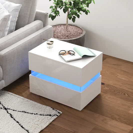 Modern Nightstand, 2 Drawers, USB RGB LED Lights, Remote, White Bedside Tables White at Gallery Canada