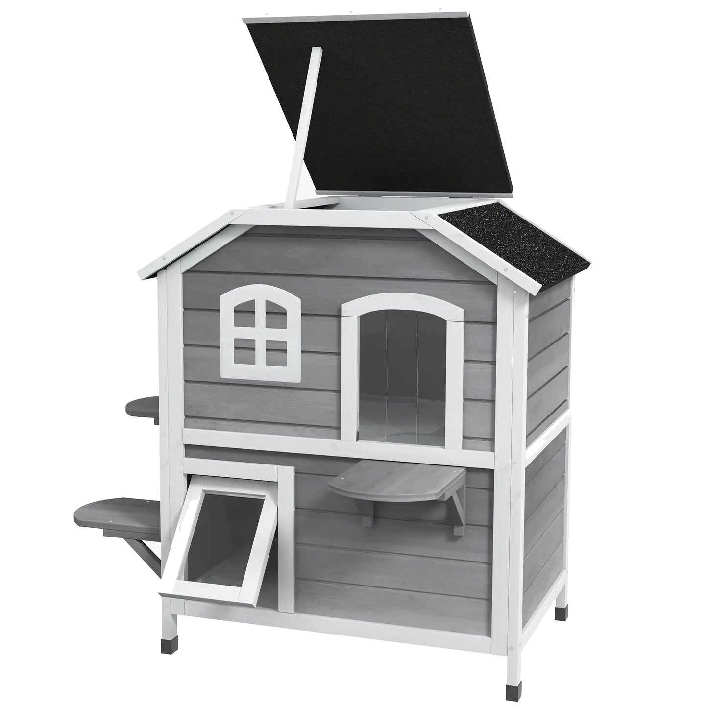 2-Storey Outdoor Cat House, Wooden Catio, Openable Roof, Grey Cat Houses at Gallery Canada