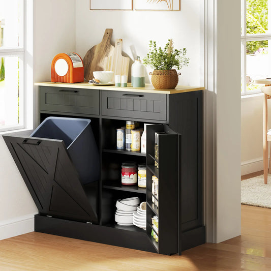10 Gallon Hidden Garbage Bin Cabinet, Tilt Out Trash, 2 Drawers, Black Bar Cabinets Black, Oak at Gallery Canada