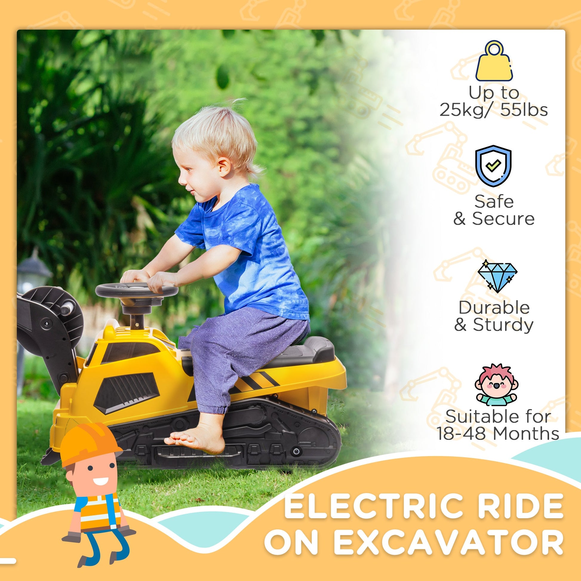 6V Electric Ride on Tractor, 3 in 1 Electric Ride on Excavator, Bulldozer, Road Roller, Battery Powered Pretend Play Construction, for 18-48 Months - Yellow at Gallery Canada