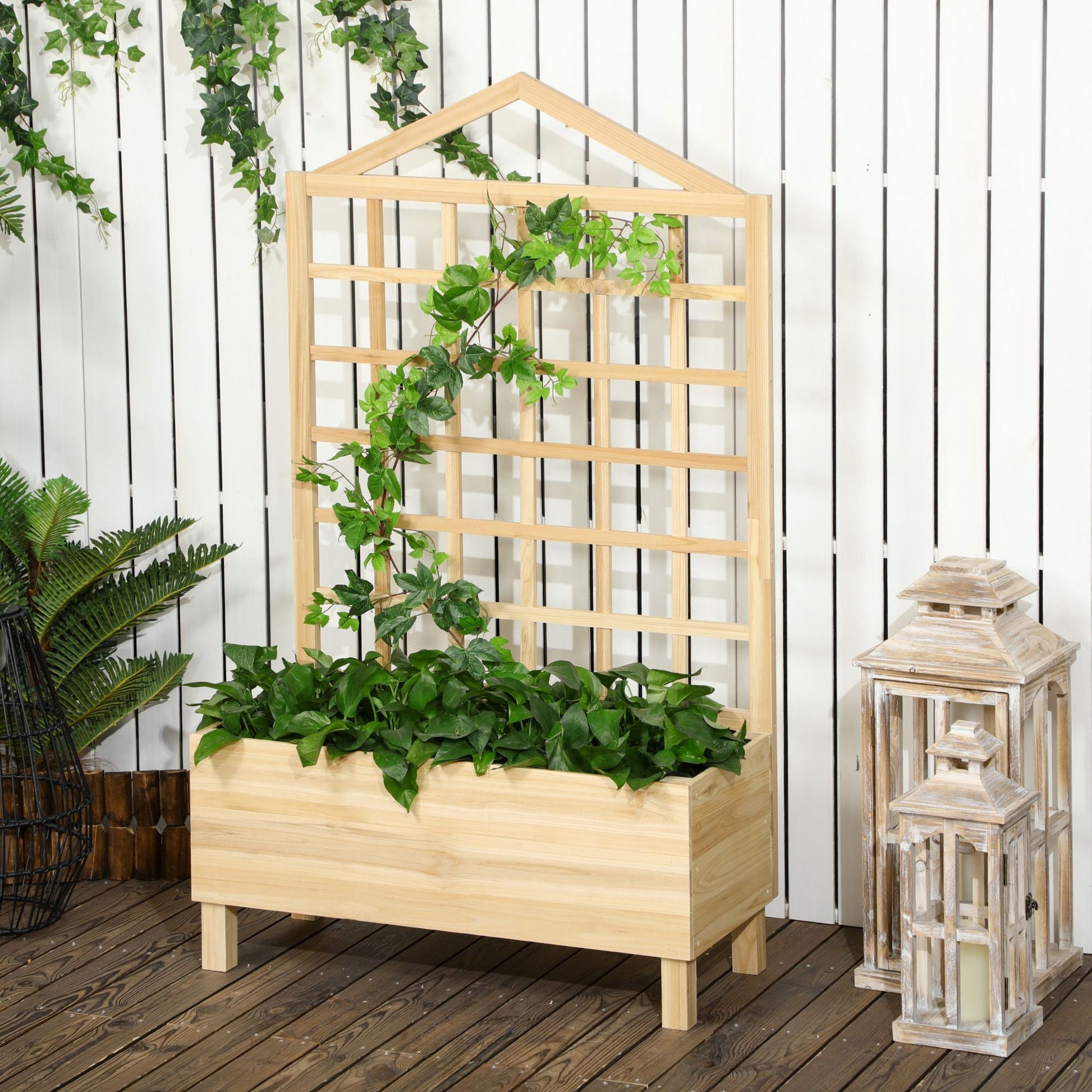 Distressed Wood Planter Box with Trellis, Raised Garden Bed for Outdoor Plants Flowers Herbs, Natural at Gallery Canada