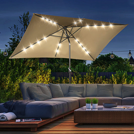 6.5x10ft Rectangle Solar Tilt Umbrella, Aluminum, Light Coffee Sun Umbrellas Light Coffee (polyester fabric), Dark Brown (umbrella pole) at Gallery Canada