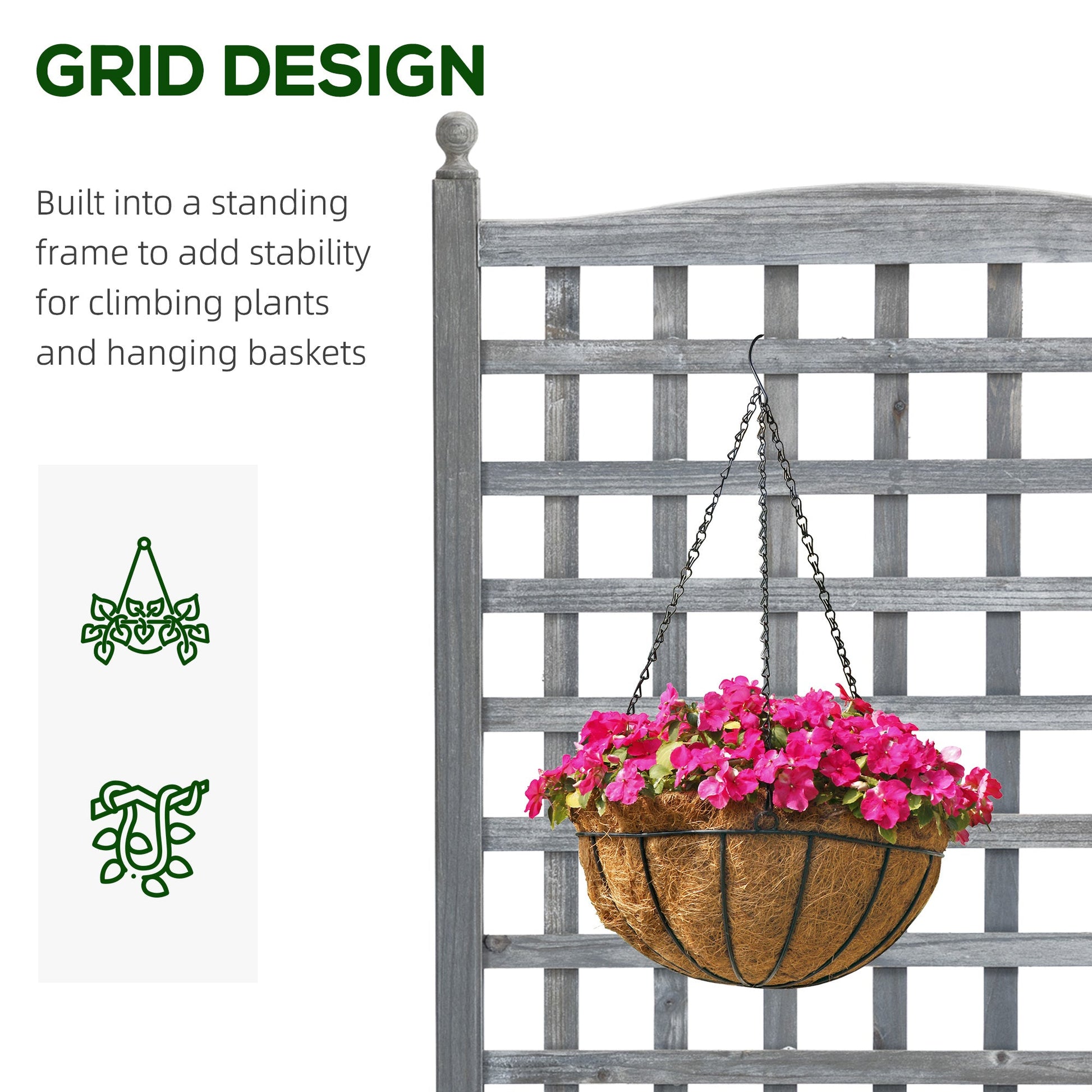 Raised Garden Bed with Trellis for Climbing Vines, Wood Planter Box for Garden, Free Standing Flower Bed, Indoor Outdoor Display Rack, 25.2" x 11" x 47.2", Grey at Gallery Canada