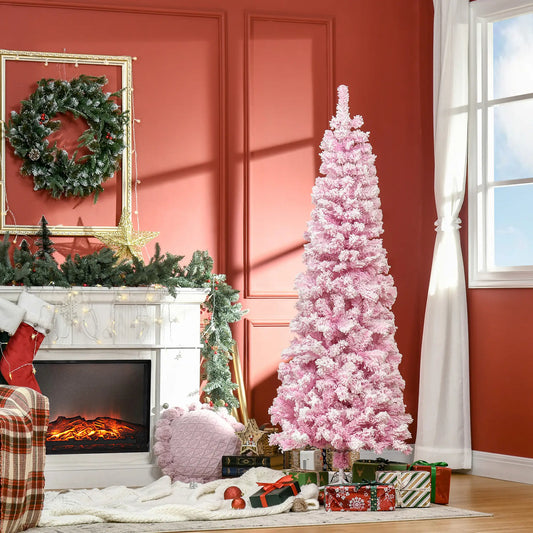 6 FT Snow Flocked Artificial Christmas Tree, Pencil, Pink Artificial Christmas Trees Pink, White at Gallery Canada