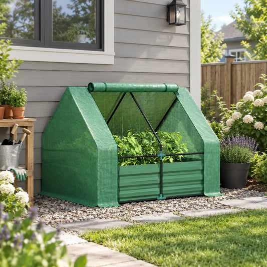 Steel Outdoor Raised Garden Bed, Greenhouse Cover, Roll Up Door, 50"x37.4"x36.2", Green Mini Greenhouses Green at Gallery Canada