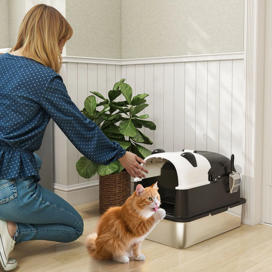 XL Stainless Steel Cat Litter Box with Lid, Scoop, 23.7" x 15.9" x 17.6" Cat Litter Box Enclosures Stainless Steel, Black, White at Gallery Canada