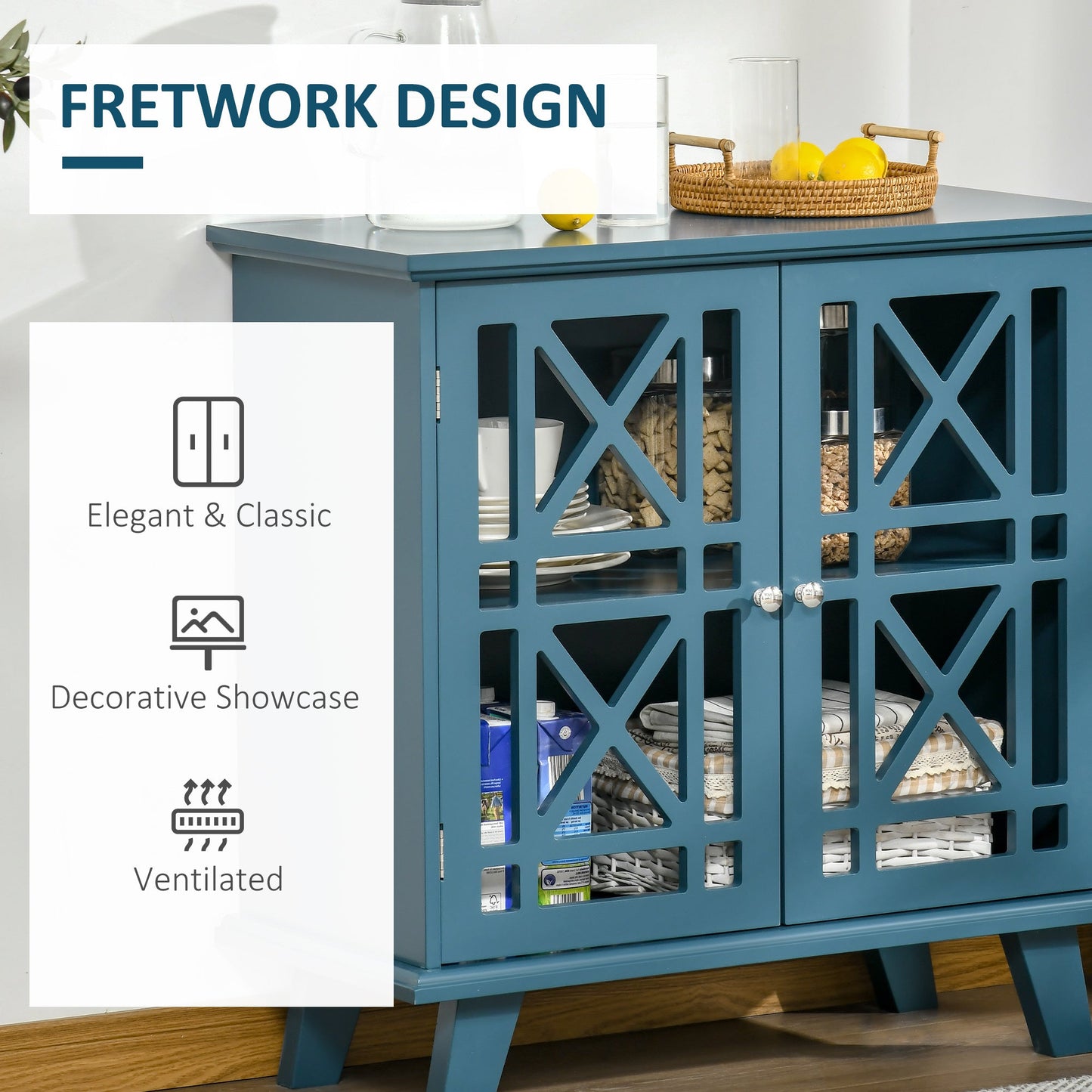 Storage Cabinet with Fretwork Doors and Shelf, Modern Freestanding Sideboard, Buffet, Blue at Gallery Canada