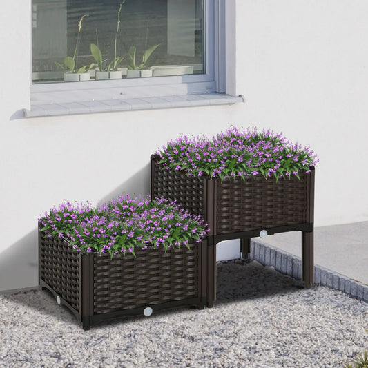 2 Piece Raised Garden Bed, PP Flower Vegetable Herb Grow Box, Brown Elevated Garden Beds Brown at Gallery Canada