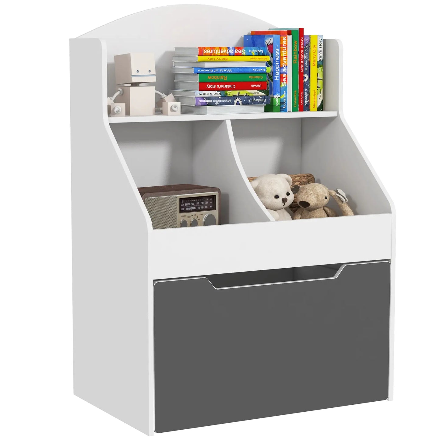 3 Tier Kids Bookcase with Drawer, 2 Storage Compartments, White