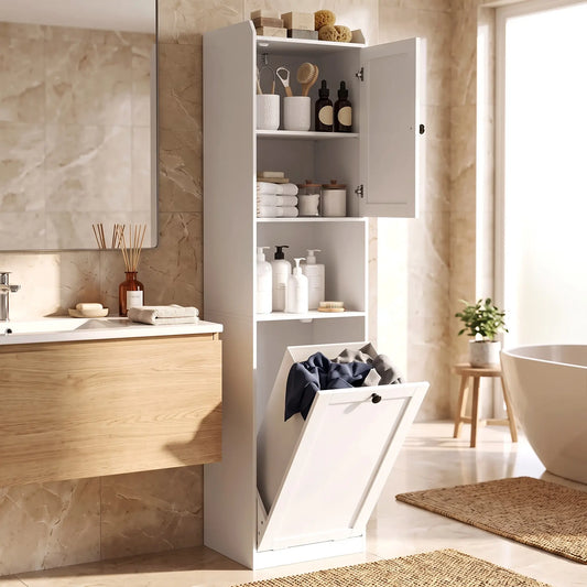 67" Tall Bathroom Storage Cabinet, Narrow with Laundry Basket, White Bathroom Cabinets White at Gallery Canada