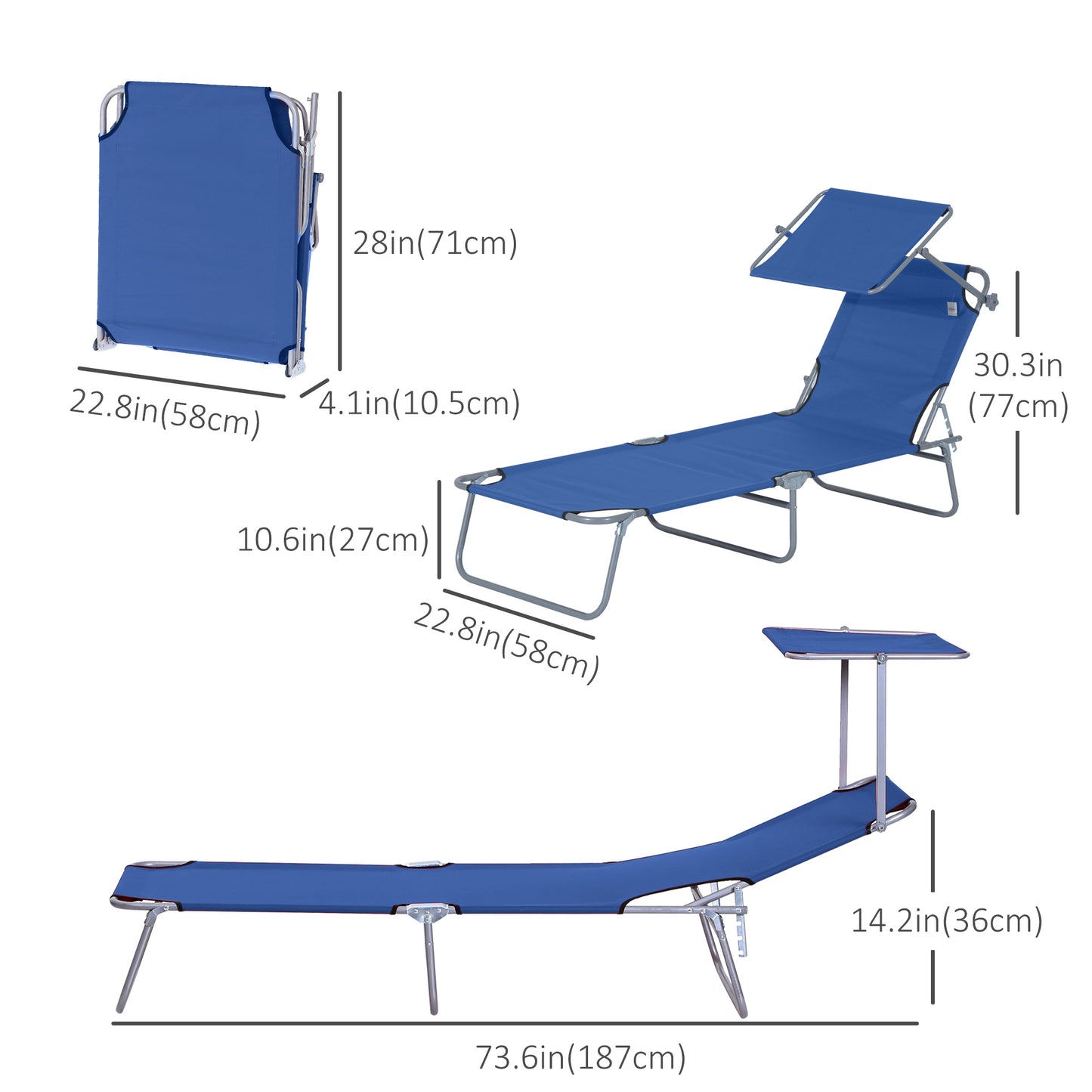 Outdoor Lounge Chair, Adjustable Folding Chaise Lounge, Tanning Chair with Sun Shade for Beach, Camping, Hiking, Backyard, Blue at Gallery Canada