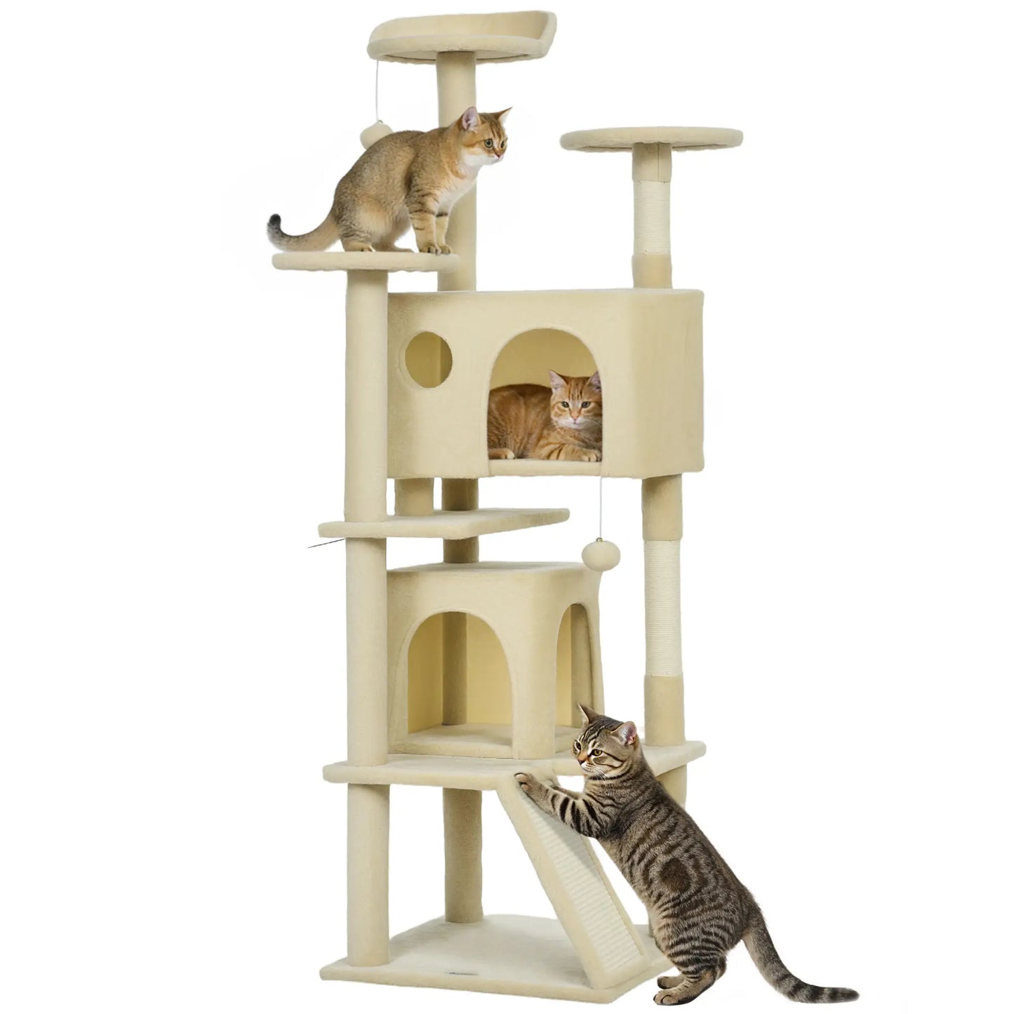 63" Cat Tree, Multi-Level Cat Tower With Scratching Posts, Bed, Cream White