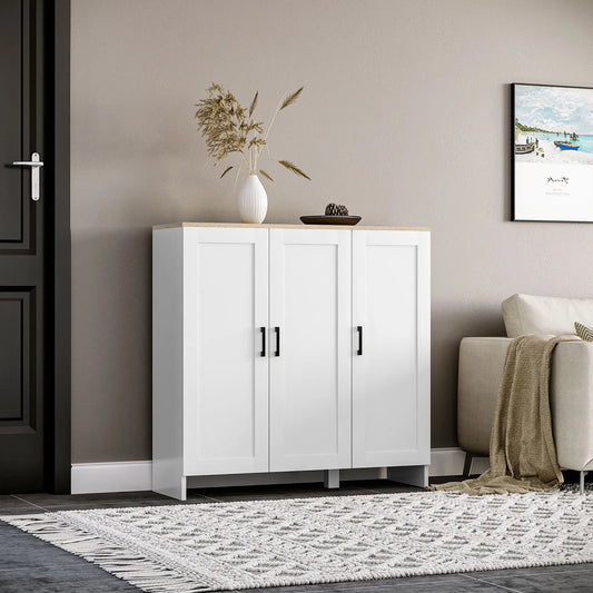 Modern Sideboard Buffet Cabinet, 3 Doors Adjustable Shelves, White Bar Cabinets White, Natural at Gallery Canada