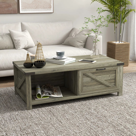 Farmhouse Coffee Table with Drawer, Storage Shelf, Grey