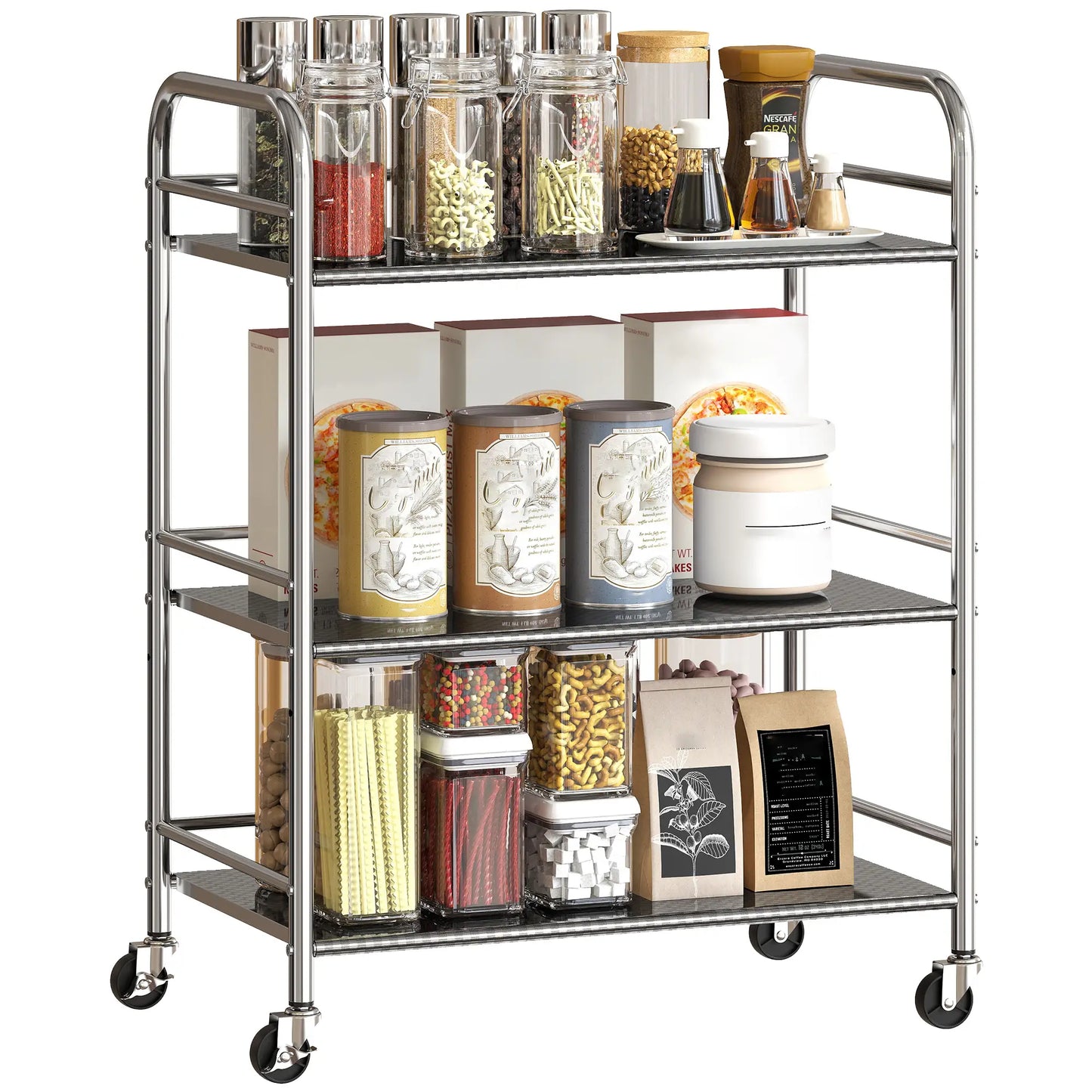 3 Tier Stainless Steel Rolling Cart, Adjustable Shelf, Wheels, Silver Kitchen Islands & Kitchen Carts at Gallery Canada