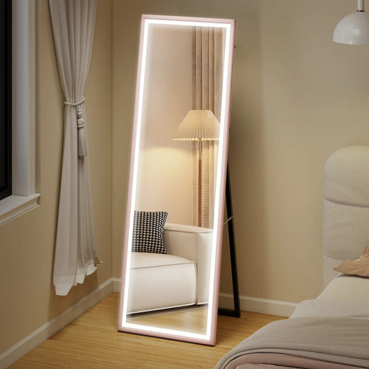 LED Mirror, Dimmable 3 Color Lights, 64" x 21" Rectangular, Pink Full Length Mirrors Pink at Gallery Canada