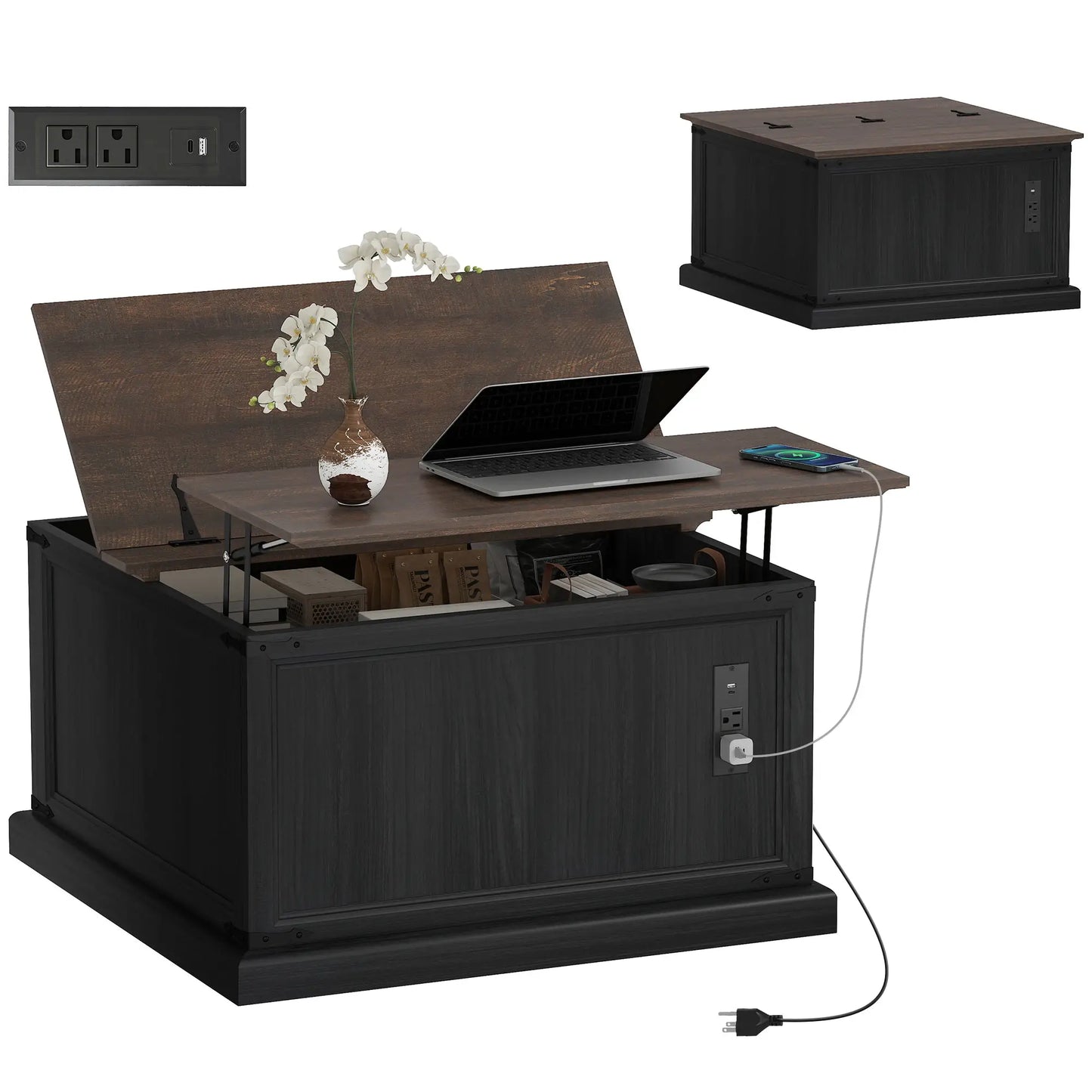 Lift Top Coffee Table, Square Farmhouse Center Table, Wood Grain, Black Coffee Tables at Gallery Canada