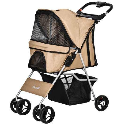 Pet Stroller Foldable Carrier for Cat, Dog and More 4 Wheels Travel Jogger with Cup Holder, Storage Basket, 360 ° swiveling front wheels, Easy Fold, Coffee - Gallery Canada