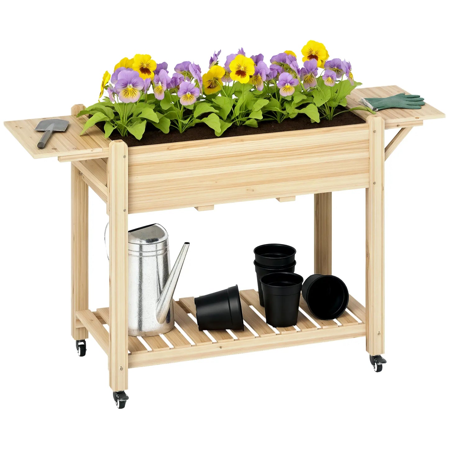 Raised Garden Bed, Wood Planter Box with Wheels, Side Tables, Natural