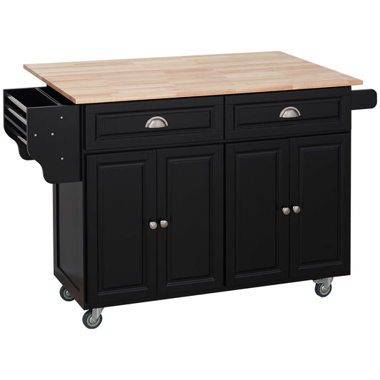 Rolling Kitchen Island on Wheels Utility Cart with Drop-Leaf, Rubber Wood Countertop, Storage Drawers, Door Cabinets and Adjustable Shelves, Black at Gallery Canada