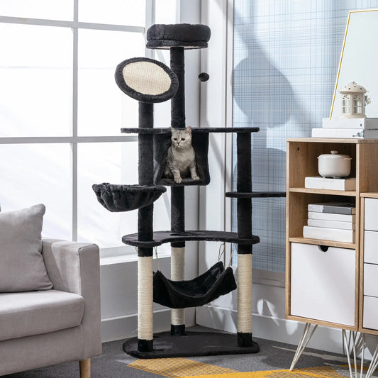 60" Arbre à Chat en Peluche Multi-Niveaux, Poteaux à Gratter, 2 Hamacs, Gris Foncé