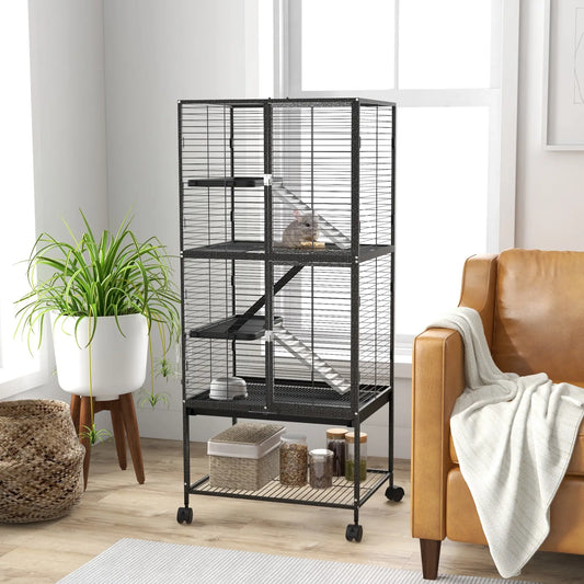 Petite cage pour animaux 53.5"H, Plateau amovible, Étagère de rangement, Gris foncé