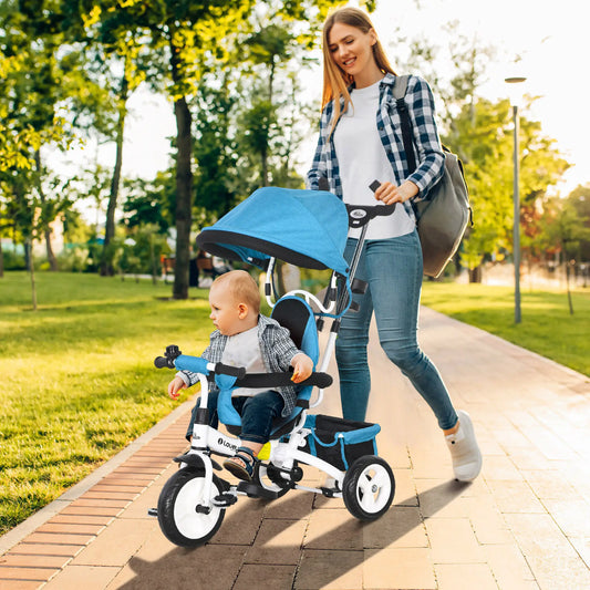 6 in 1 Toddler Tricycle Stroller, Basket, Canopy, 5-Point Harness, 12-60 Months, Blue Tricycles for Kids Blue, White at Gallery Canada