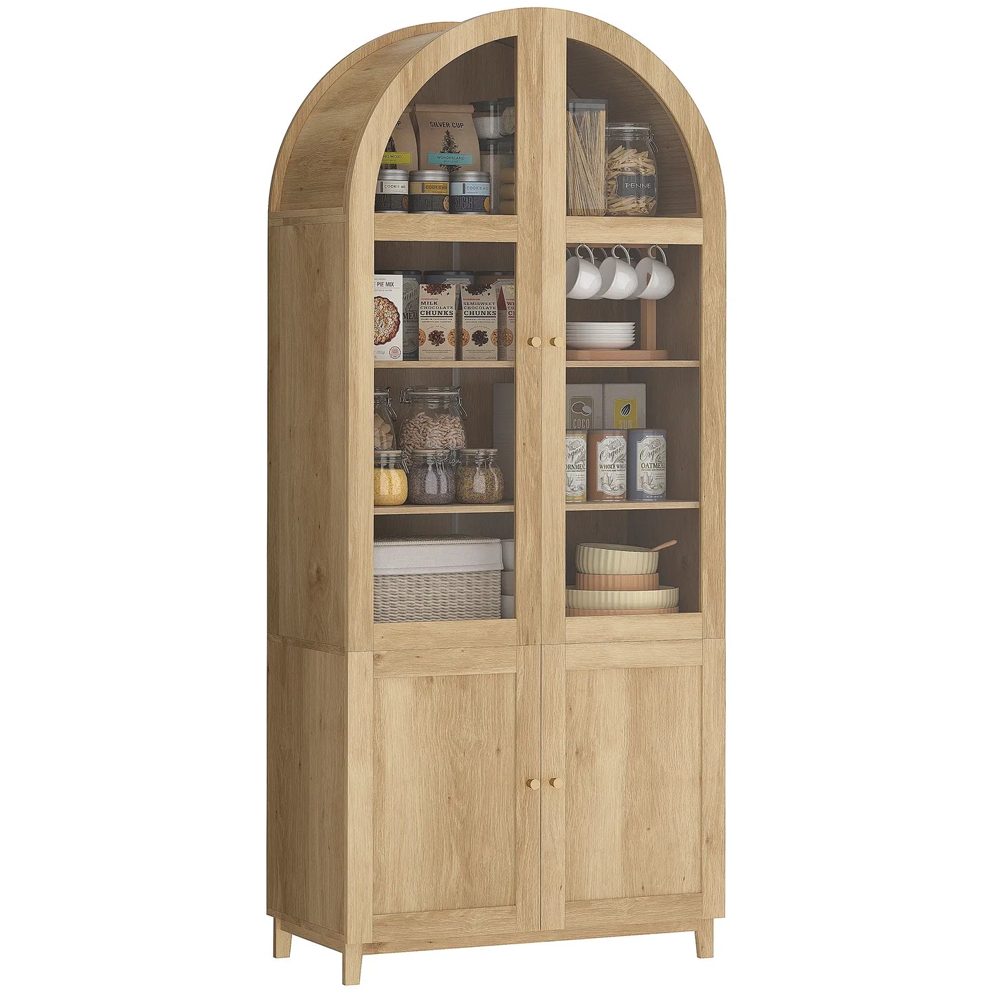 71" Tall Arched Kitchen Pantry Cabinet, Adjustable Shelves, Acrylic Doors, Oak Kitchen Pantry Cabinets at Gallery Canada