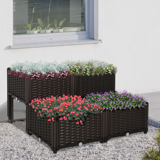 4 Piece Raised Garden Bed, PP, Vegetable Herb Grow Box, Brown Elevated Garden Beds Brown at Gallery Canada