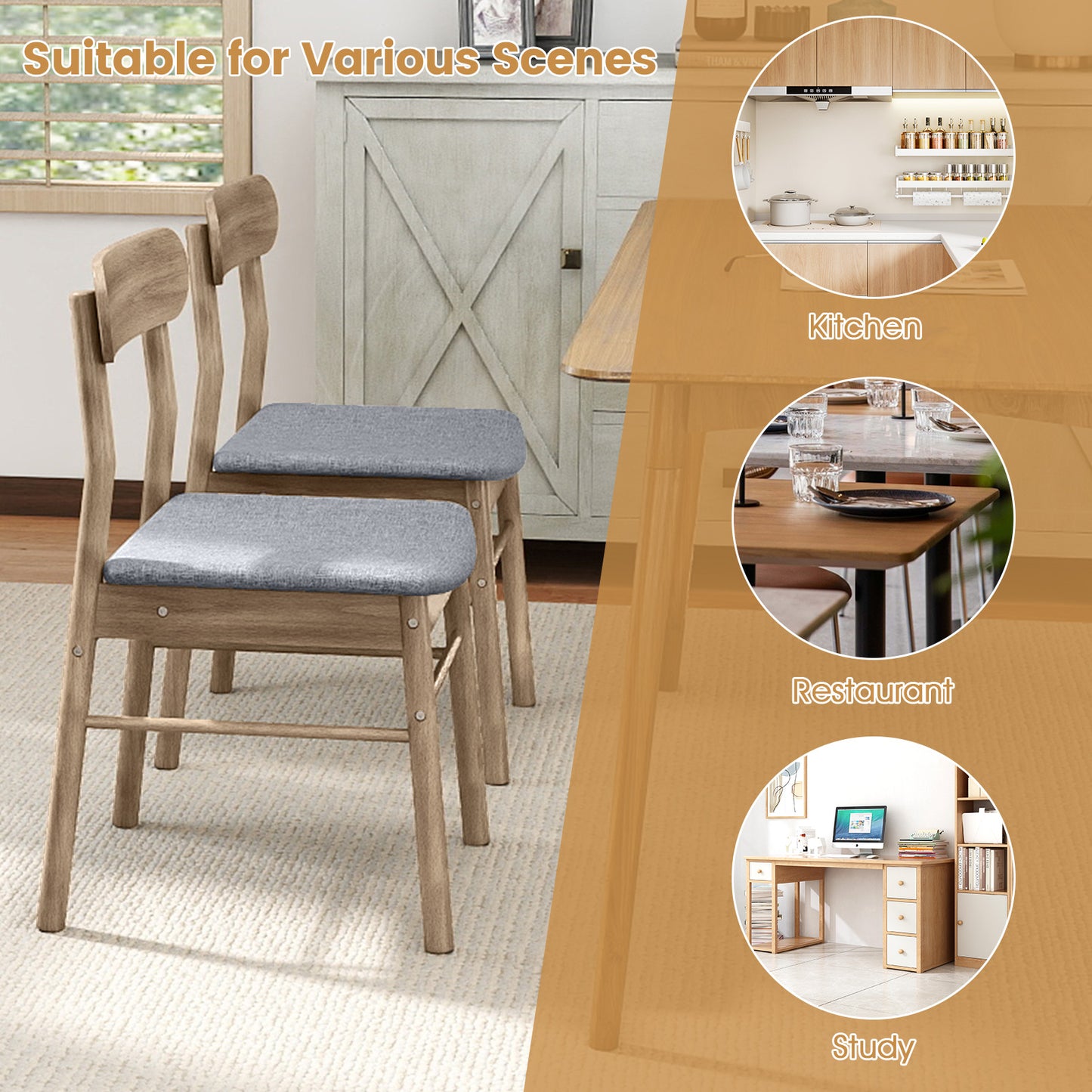 Fabric Upholstered Kitchen Armless Dining Chairs with Rubber Wood Frame Set of 2, Oak Dining Chairs at Gallery Canada
